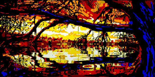 вечерний пейзаж анимация Неру1 Мультатор закат вода дерево берег кусты